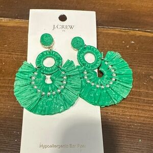 J. Crew Bright Green Raffia Hoop Fringe Earrings
